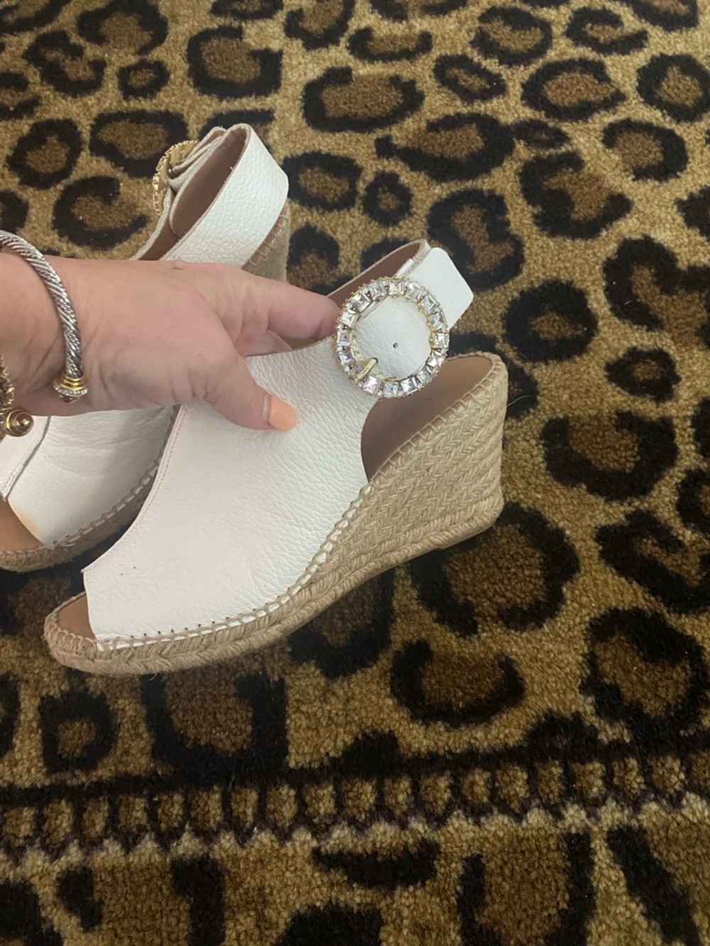 Women’s White Espadrille Wedge Sandals with Crystal Buckle